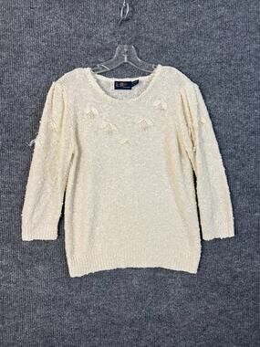 Vintage LeRoy Womens Sweater XL Cream Ribbon Floral Grandma Cottage Dainty